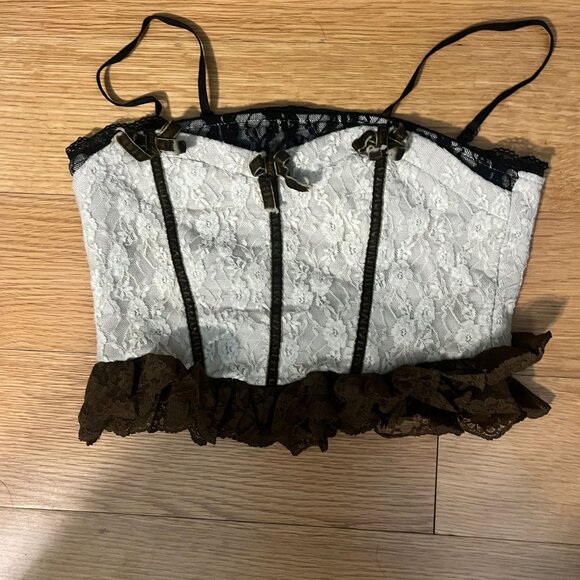 CORSETLYF Cream, Brown and Back Lace Corset Top with Velvet Bows Size Medium - Picture 1 of 8